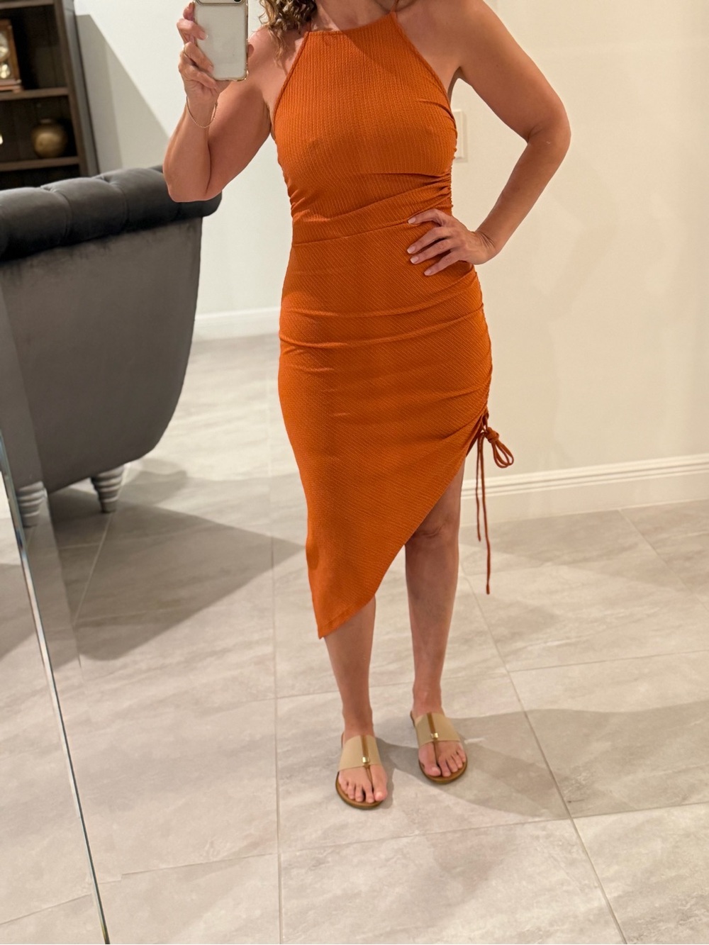 Derek Heart Orange Asymmetrical Ruched Midi Dress